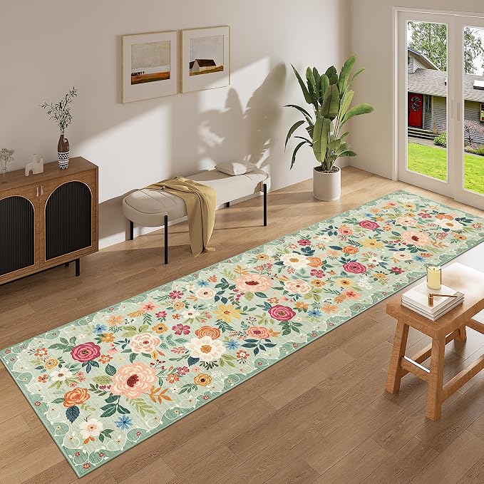 DUKINO 2.6x10 Runner Rug for Hallway, Washable Kitchen Rugs Non Slip, Green | Soft, Low Pile, Floral Indoor Floor Rug Runner for Entryway, Bedroom, Bathroom, Laundry, Pet Friendly, Home Decor, Ultra-Thin