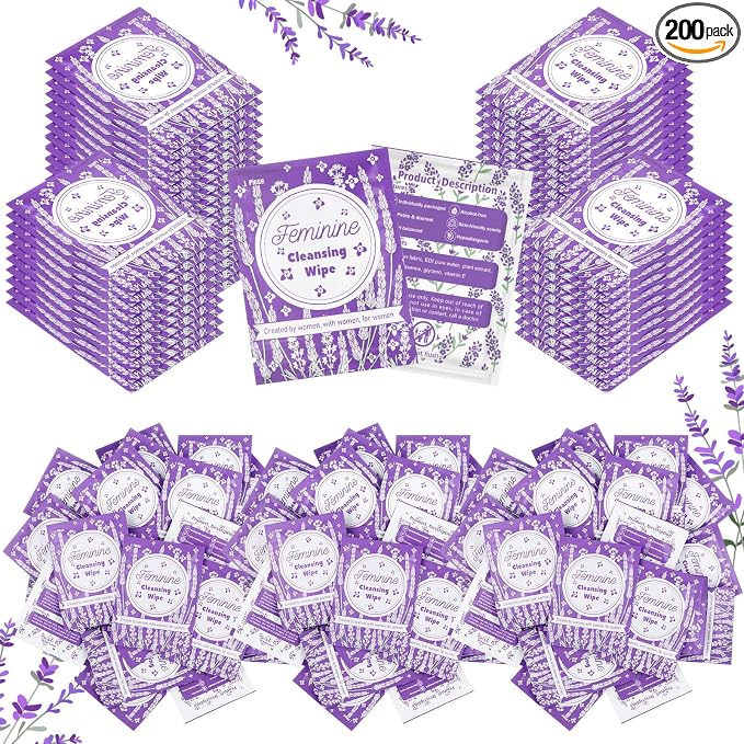 Tondiamo 200 Pcs Feminine Wet Wipes for Women Individually Wrapped Flushable Wipes Travel Size Soothing Personal Wipe Cleansing Natural Ingredients for Feminine Daily Use(Lavender)