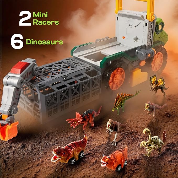 JOVA Vroomix Dinosaur Toy for Toddlers 2 3 4 5+ Year Old, Extra Large Dinosaur Monster Truck with Figures, T-Rex Toy with Launcher and Darts, Crane Arm & Tunnel, Jurassic Toy for Boys Birthday Gift