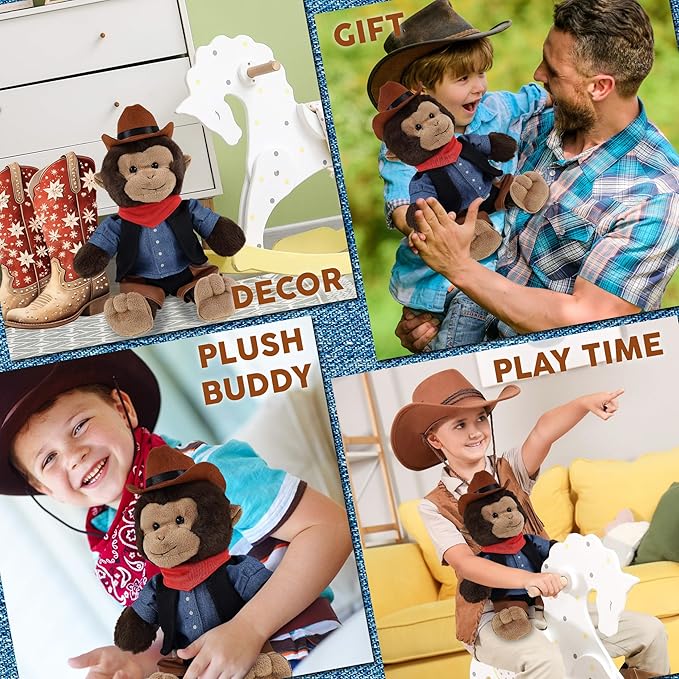 DolliBu Monkey Stuffed Animal Cowboy Plush with Name Personalization - Western-Themed Monkey Plush with Cute Cowboy Costume Denim Shirt Vest, Bandana, Leather Pants, and Hat - 9 Inches