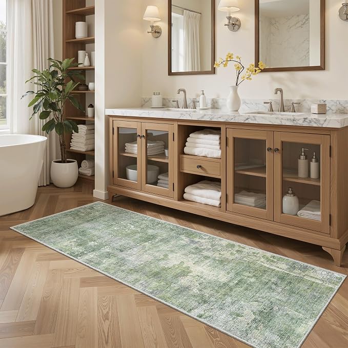 Soalmost Abstratc Runner Rug 2x5 Washable Kitchen Entry Runners Green/Ivory | Non-Slip Low-Pile Rugs for Bathroom Laundry Room, Vintage Foldable Floor Carpet Mat Hallway Entryway for Corridor Bedroom