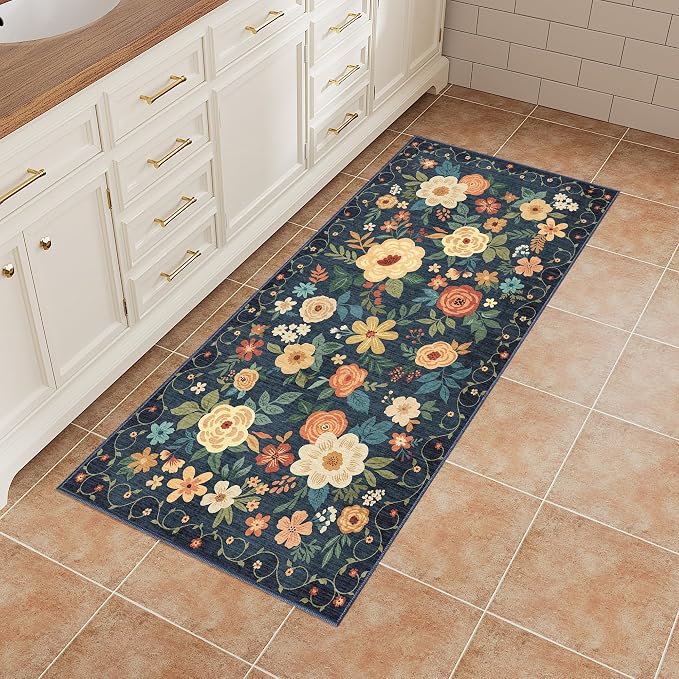 DUKINO 2x4 Entryway Rug, Floral Washable Kitchen Rugs Non Slip, Navy Blue | Low Pile, Soft Indoor Runner Rug for Hallway, Bedroom, Bathroom, Laundry, Pet Friendly, Modern Home Decor, Stain Resistant