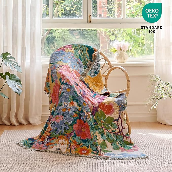 MSGKV Boho Throw Blanket 50"x60" Cotton Floral Blanket for Couch & Sofa | 50"x60" Cotton Floral Throw, Muslin Blanket, Summer Breathable, Farmhouse Decor, All Season Comfort, Machine Washable
