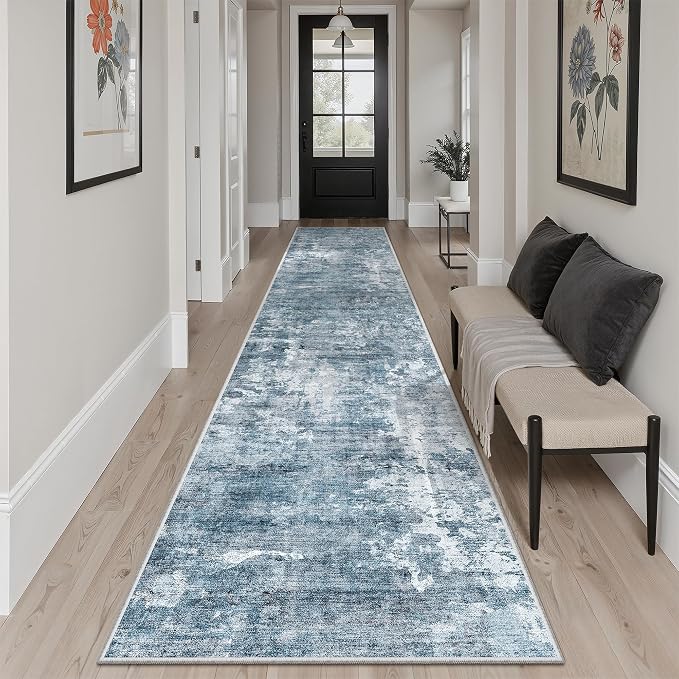 Soalmost Abstract Runner Rug 2x12 Hallway Kitchen Runners Blue/Grey | Stain Resistant Vintage Rugs for Bathroom Laundry Room, Low Pile Foldable Floor Carpet Mat for Entryway Corridor Bedroom