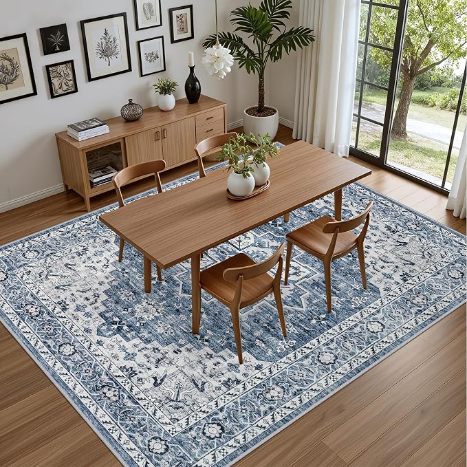 Area Rugs 9x12 Living Room Rug: Washable Rug Soft Vintage Boho Medallion Carpet Indoor Floor Non-Slip Stain Resistant Large Carpets for Bedroom Dining Room Farmhouse Nursery Home Office Blue