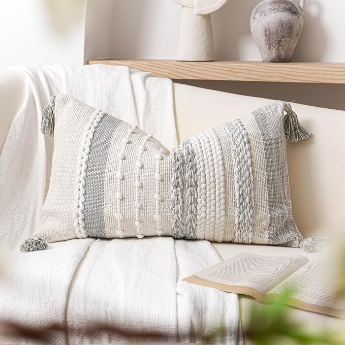 Gray Decorative Lumbar Pillow Cover 14x24, Grey Boho Long Body Pillow for Bed, Farmhouse Lumbar Throw Pillow for Couch, Modern Accent Textured Throw Pillowcase