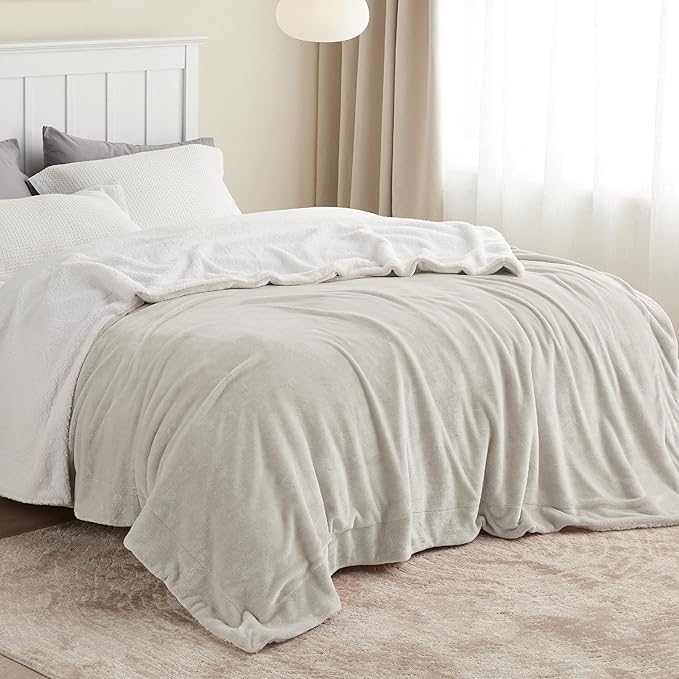 Bedsure GentleSoft Sherpa Fleece Blanket Queen Size for Bed, Non-Heated, Thick and Warm Throw for Women and Men, Soft Fuzzy Plush Queen Blanket for Winter, Linen, 90x90 Inches