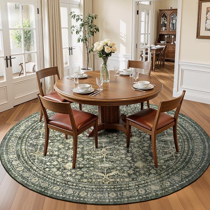 6ft Area Rugs for Living Room Bedroom, Green Washable Non-Slip Carpet | Soft Boho Area Rug for Dining Room Home Office Indoor Nursery, Stain Resistant, Low Pile, Foldable Vintage Distressed Rug