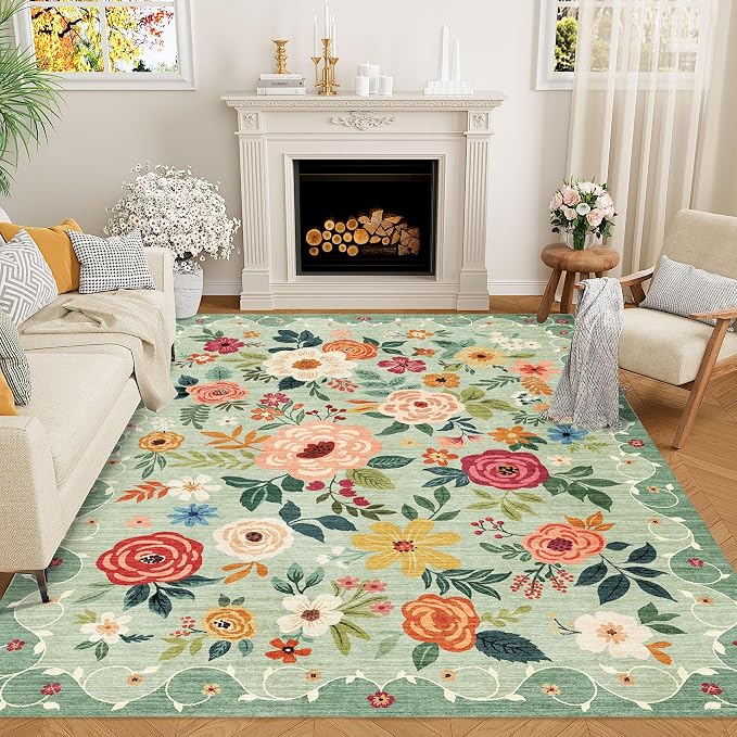 DUKINO 5x8 Area Rug for Bedroom, Floral Washable Rug Non Slip, Green | Low Pile, Non-Shedding, Soft Indoor Rug for Living Room, Dining Room, Kids Room, Office, Nursery, Pet Friendly, Home Decor
