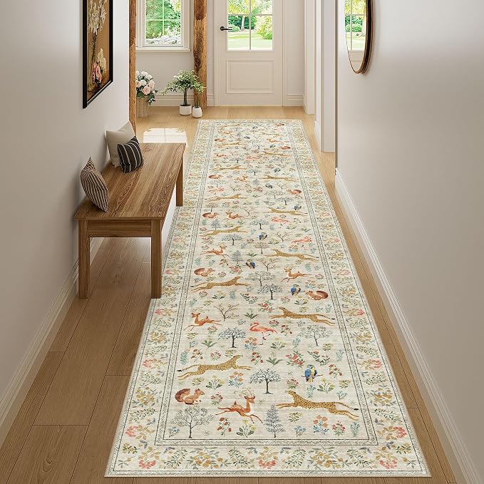 DUKINO 2.6x12 Hallway Runner Rug, Washable Animal Rug Non Slip, Beige | Low Pile, Stain Resistant, Soft Indoor Long Carpet Runner for Entryway, Kitchen, Bedroom, Bathroom, Pet Friendly, Ultra-Thin