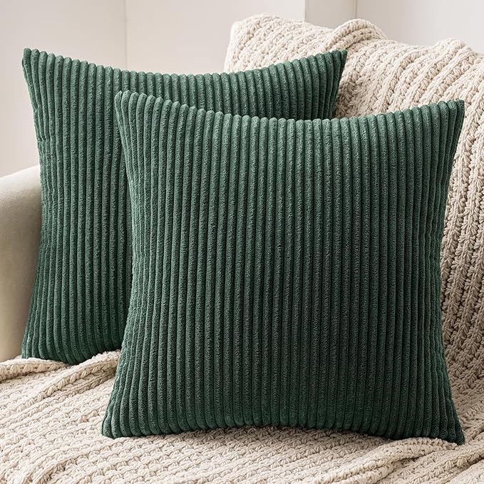 MIULEE Decorative Corduroy Throw Pillow Covers Set of 2 18x18 Army Green | Soft Striped Textured Cushion Cases, Boho Natural Greenery Pillowcases for Home Decor, for Couch Chair Sofa Bed Living Room