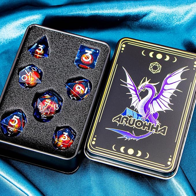 ARUOHHA DND Resin Dice Gazes Eye Dice Silver Blue Liquid Core Flaming RPG Sharp Edged Dice Set with Gift Box, Polyhedral D and D Dice Set Compatible with Dungeons Dragons Role Playing Game D20 D6