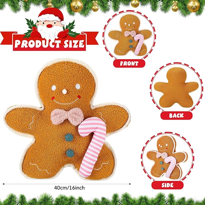 Liliful Christmas Plush Stuffed Gingerbread Man Toy 16 Inch Soft Aesthetic Gingerbread Man Pillow Stuffed Xmas Toys for Christmas Party Favors Decorations (Teddy Plush)