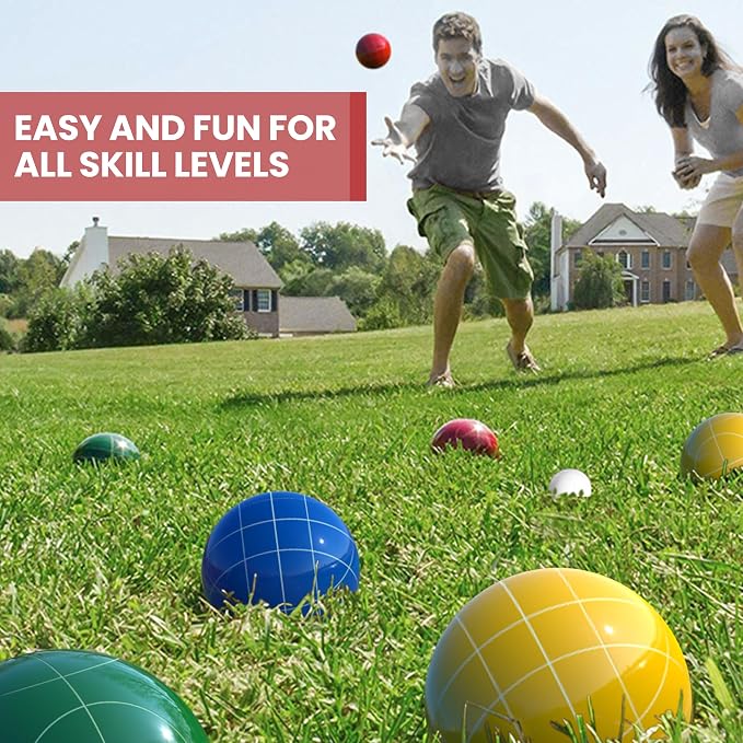 Bocce Ball Set 100mm Regulation Size and Weight for Lawn, Beach Bocci Game Sets for 2-8 Players (Multi-Color)