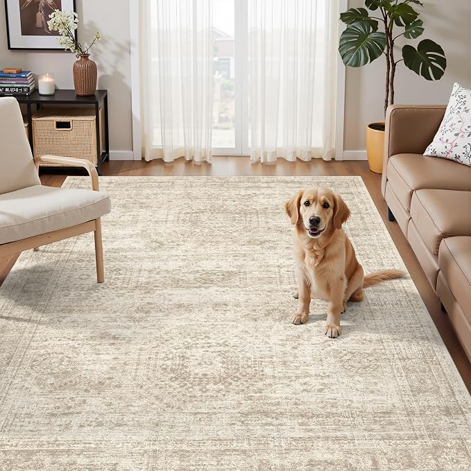 Soalmost 3x5 Rugs Non-Slip, Small Washable Kitchen Entryway Area Rug Beige | Vintage Low Pile Carpet for Nursery Coffee Table Bathroom, Foldable Stain Resistant Indoor Door Mat Entrance Powder Room