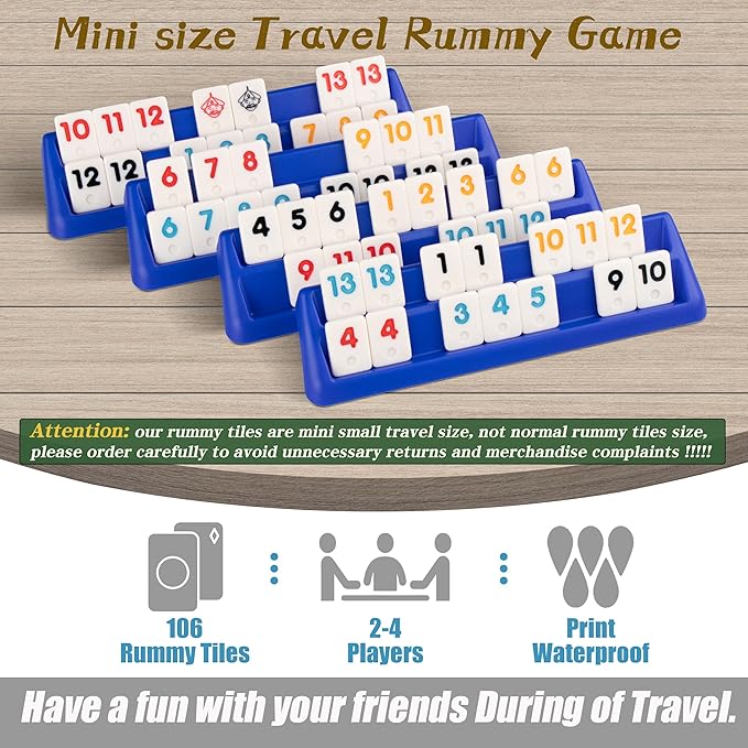 Doublefan Mini Rummy Cube Set, Mini Size Rummy Game with Portable Bag, Small Travel Game for Adult and Kids,106 Tiles, 4 Playing Rack, 1 Dice (2-4 Players)