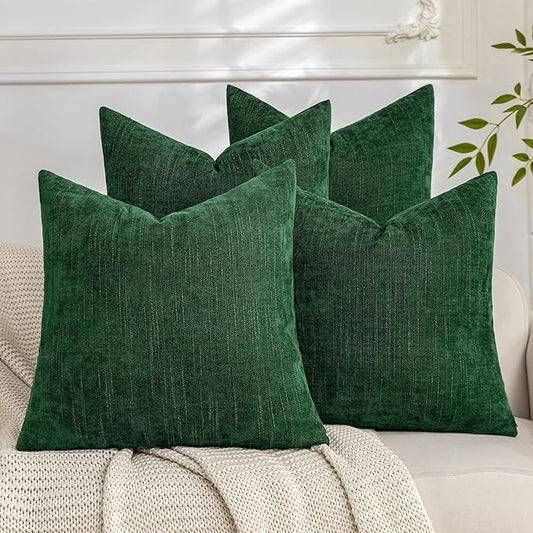 Set of 4 Soft Textured Decorative Throw Pillow Covers 16x16 Inch Cozy Farmhouse Cushion Cover Square Accent Pillow Cases for Bed Couch Sofa Living Room, Dark Green