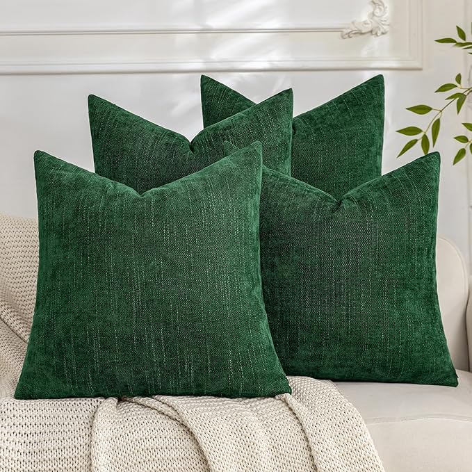 Set of 4 Soft Textured Decorative Throw Pillow Covers 22x22 Inch Cozy Farmhouse Cushion Cover Square Accent Pillow Cases for Bed Couch Sofa Living Room, Dark Green