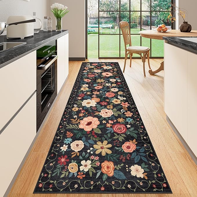 DUKINO 2x10 Runner Rug, Floral Washable Kitchen Runner Rug Non Slip, Black | Soft, Low Pile, Stain Resistant Indoor Rug Runner for Hallway, Entryway, Bedroom, Bathroom, Laundry, Pet Friendly, Home Decor