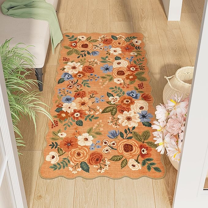 DUKINO 2x4 Rug for Entryway, Floral Washable Kitchen Rugs Non Slip, Orange | Soft, Low Pile, Stain Resistant Throw Runner Rug for Hallway, Bedroom, Bathroom, Laundry, Pet Friendly, Modern Home Decor