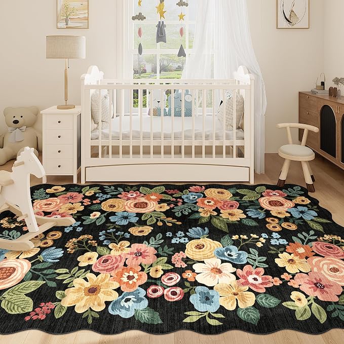 DUKINO 6x9 Area Rugs, Floral Washable Rug for Living Room Non Slip, Black | Low Pile, Stain Resistant, Soft Indoor Large Rugs for Bedroom, Dining Room, Kids Playroom, Nursery, Pet Friendly, Home Decor
