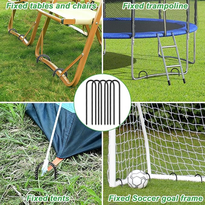 Gtongoko Trampoline Stakes, Trampoline Accessories, Ground Stakes Heavy Duty with T Hook, Ground Anchors, Rebar Stakes, High Wind Tent Anchors, Galvanized Steel, U Shaped, Black