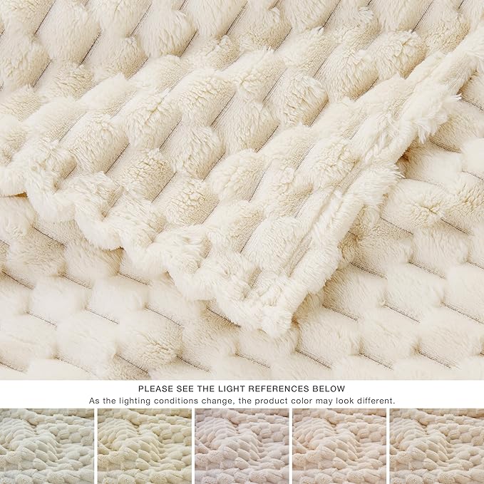 EXQ Home Fleece Blanket Twin Size for Couch or Bed - 3D Imitation Turtle Shell Jacquard Decorative Blankets - Cozy Soft Lightweight Fuzzy Flannel Blanket Suitable for All Seasons(60"×80",Cream)