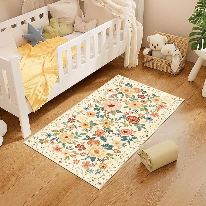 DUKINO 2x4 Entryway Rug, Floral Washable Kitchen Rugs Non Slip Beige Yellow | Low Pile, Soft Indoor Runner Rug for Hallway, Bedroom, Bathroom, Laundry, Pet Friendly, Modern Home Decor, Stain Resistant