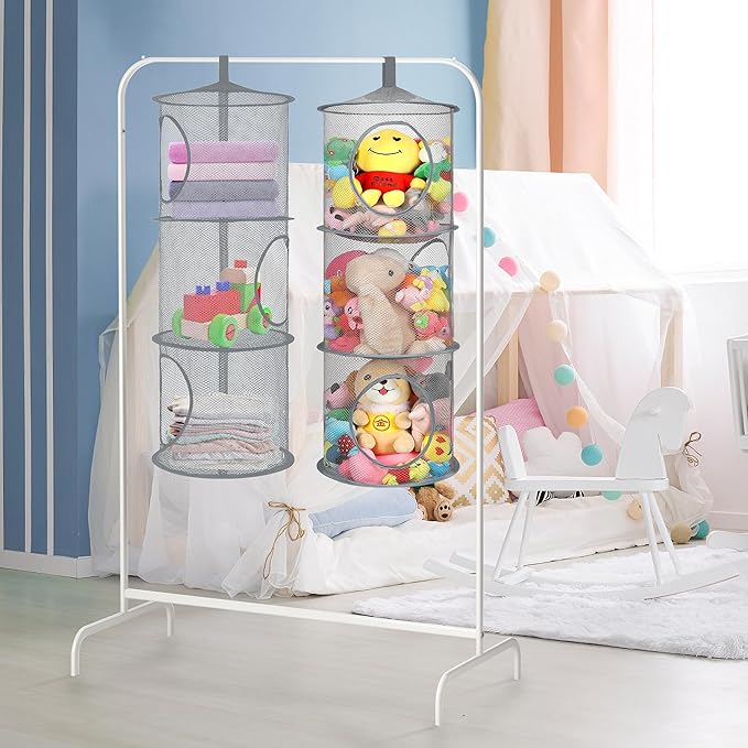 2Pcs Stuffed Animal Storage Foldable Stuffed Animal Net or Hammock Organizer, 3 Compartments Hanging Mesh Toy Storage Hammock for Kid Room Toys, Gloves, Hats, Socks（Grey）