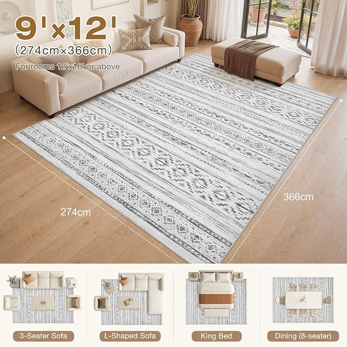 cotiled 9x12 Area Rugs Living Room Rug: Washable Boho Rugs with Non Slip Backing Large Soft Indoor Stain Resistant Carpet for Bedroom Farmhouse Dining Room Lightweight Home Decor Cream Grey