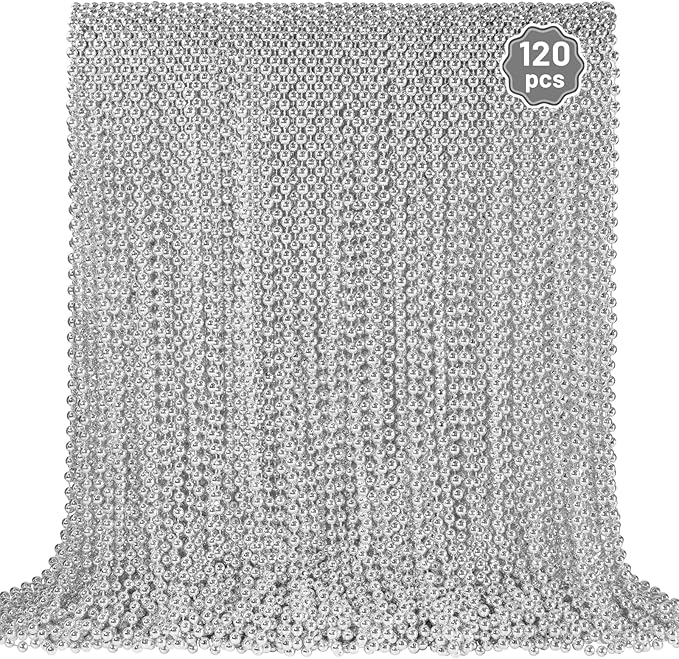 120 PCS Silver Bead Necklaces, Silver Mardi Gras Beads Christmas Necklace, Patriotic Necklaces, 33 Inch Beaded Necklace for Mardi Gras Christmas Party, 4th of July and New Year Eve Festive Events