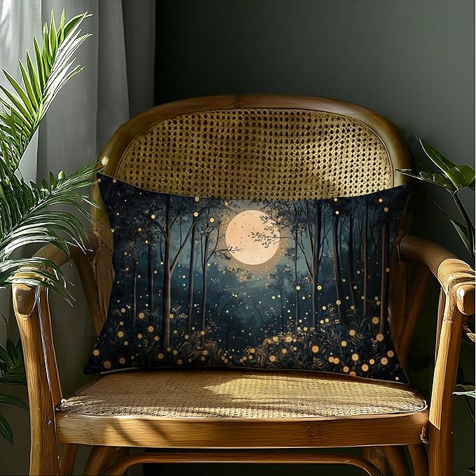 Rustic William Morris Inspired Gold Moon Pillow Covers 20x12,Vintage Black and Gold Forest Moon Botanical Nature Landscape Decorative Throw Pillow Covers for Home Bedroom Living Room