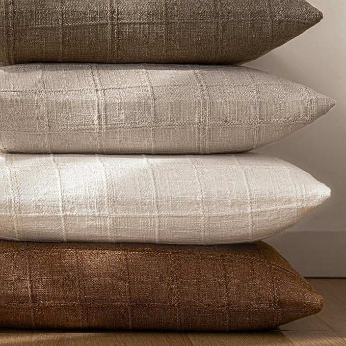 Foindtower Set of 2 Decorative Linen Check Throw Pillow Covers Neutral Farmhouse Vintage Cushion Covers Modern Boho Home Decor for Sofa Chair Couch Bedroom Living Room,24×24 Inch,Natural Linen