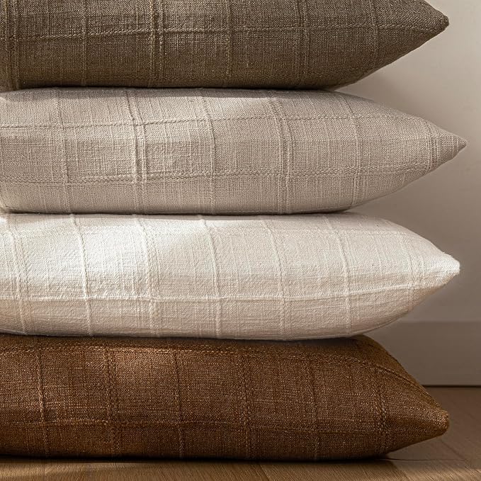 Foindtower Set of 2 Decorative Linen Check Throw Pillow Covers Neutral Farmhouse Vintage Cushion Covers Modern Boho Home Decor for Sofa Chair Couch Bedroom Living Room,18×18 Inch,Natural Linen