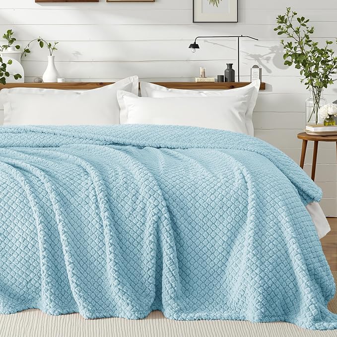 Exclusivo Mezcla Soft Fleece Twin Size Blanket for Bed, Light Blue | Jacquard Lightweight Cozy Bed Blanket, Breathable Decorative Fuzzy Textured All Season Use, 60x80 Inches