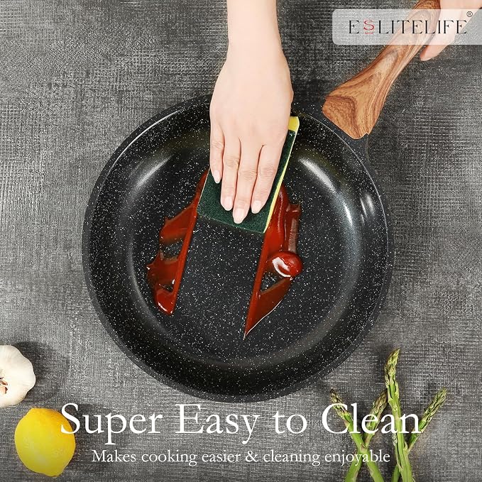 ESLITE LIFE Nonstick Ceramic Frying Pan Skillet with Lid, Non-Toxic Egg Omelette Kitchen Cooking Pans Compatible with All Stovetops (Gas, Electric & Induction), PTFE & PFOA Free (Black, 8" w/Lid)