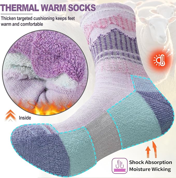 Sandsuced Merino Wool Hiking Warm Socks Thermal Winter Cozy Crew with Cushioned Sole & Moisture Wicking 5 Pairs for Women