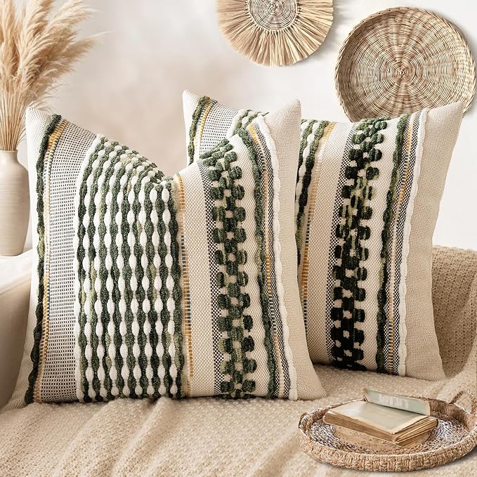 ANRODUO Boho Decorative Pillow Covers Olive Green Stripe 18x18 Pack of 2 | Throw Pillow Covers, Farmhouse Cushion Case, Chenille Pillow Cases, Pillow Covers, Accent Neutral Pillowcase for Couch Bed