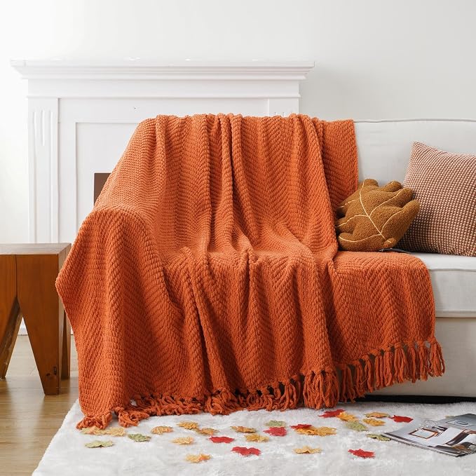 BATTILO HOME Burnt Orange Throw Blanket for Couch, 60"x80" | Knit Fall Decor Blanket Versatile for Chair, Decorative Halloween Throw Blanket with Tassels for Bed
