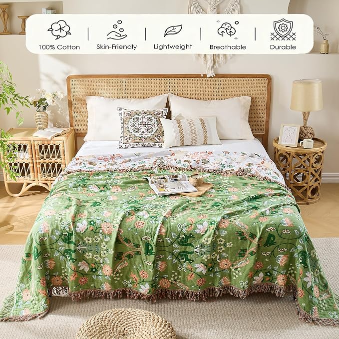 VANJOROY Boho Throw Blanket, 100% Organic Cotton Breathable Skin-Friendly Ultra Soft 80" x 90" Bed Quilt Green Throw - Floral Rustic Decor Luxury Reversible Blanket for Sofa Couch Chair and Gift,