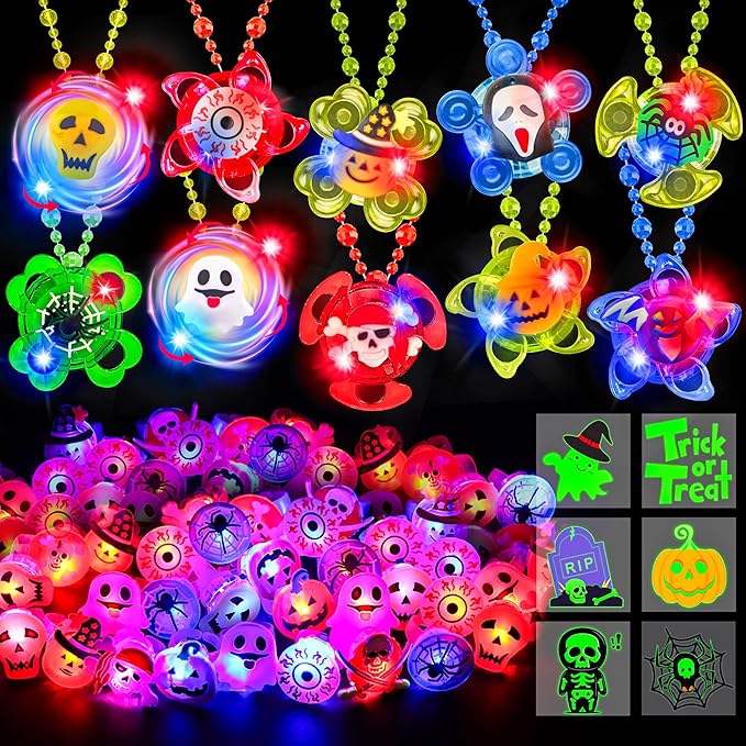 100 Pcs Halloween Party Favors for Kids, 40 LED Light Up Rings 10 LED Rotating Necklaces Glow In The Dark 50 Temporary Tattoos Halloween Toys Bulk Halloween Trick or Treat Toys Gifts Party Supplies