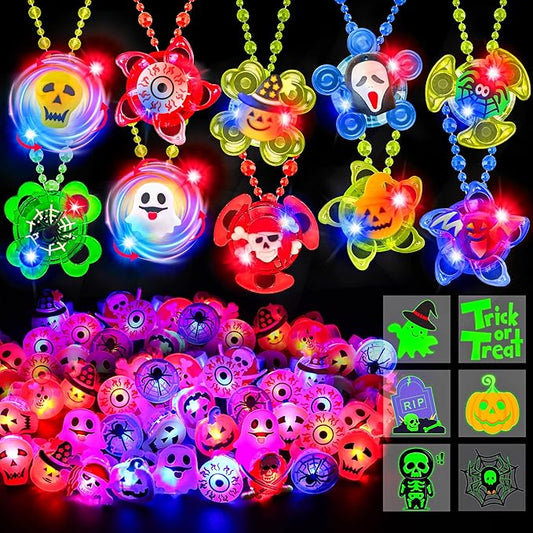 100 Pcs Halloween Party Favors for Kids, 40 LED Light Up Rings 10 LED Rotating Necklaces Glow In The Dark 50 Temporary Tattoos Halloween Toys Bulk Halloween Trick or Treat Toys Gifts Party Supplies