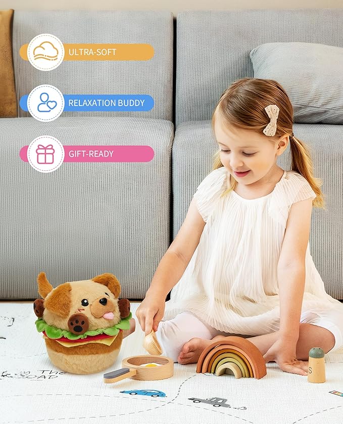 OLAOLA Cute Dog Stuffed Animals Hamburger Dog Plush Toys, 7 Inch Kawaii Hamburger Plushie Toy for Kids Adults