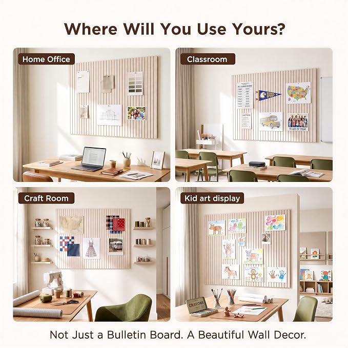 Felt Bulletin Board Tiles 48"x36" - 12-Pack Cork Board Alternative, Oeko-TEX Certified, NRC 0.95 Acoustic Wall Panels, Damage-Free Adhesive, Slatted Design, Home Office & Classroom (Salmon)