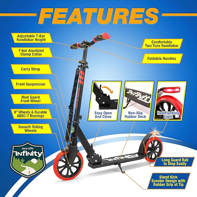 SereneLife Two Wheel Scooter for Teens, Smooth Gliding Kick Scooter for Adults w/Adjustable Height for Ages 8+, Portable All Terrain Scooter w/Carry Straps, Easy to Fold