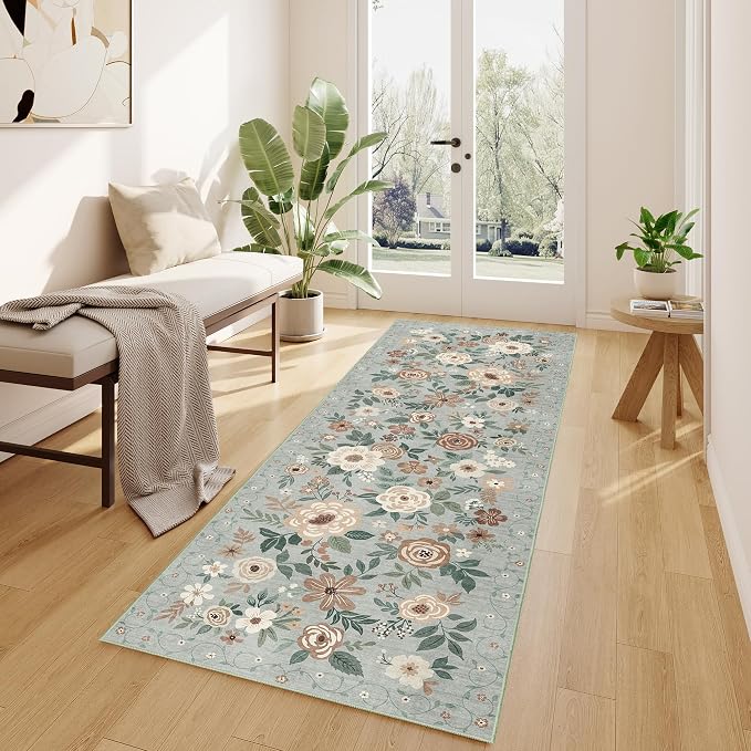 DUKINO 2.6x8 Runner Rug Washable Runner Rug for Hallway Non Slip Sage Green | Low Pile, Soft, Floral Indoor Rug for Kitchen, Entryway, Bedroom, Bathroom, Pet Friendly, Stain Resistant, Modern Home Decor