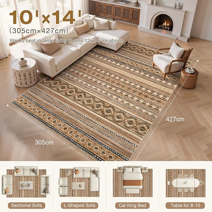 cotiled 10x14 Area Rugs Living Room Rug: Washable Boho Rugs with Non Slip Backing Large Soft Indoor Stain Resistant Carpet for Bedroom Farmhouse Dining Room Lightweight Home Decor Brown/Beige