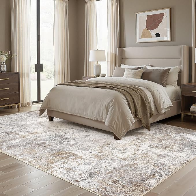 UERMEI 9x12 Washable Area Rug - Neutral Modern Abstract Living Room Rugs, Non-Slip Soft Large Indoor Floor Carpet for Bedroom Home Office & Under Dining Table Decor, Brown Grey