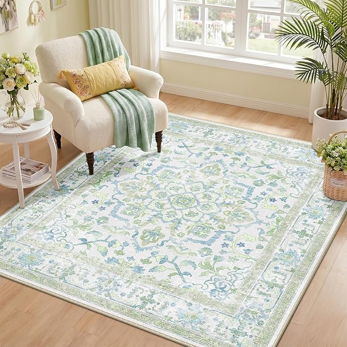 CAPALOCA Square 4ft Washable Nursery Girls Low Pile Area Rug Green Blue | Non-Slip Soft Rugs for Bedroom Kids Playroom Living Room, Print Pattern Water Repellent Carpet Indoor Decor