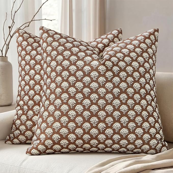 MIULEE Fall Floral Print Decorative Pillow Covers 20x20, Dark Brown | Vintage Boho Farmhouse Modern Home Decor, Set of 2, Block Print Cushion Covers for Couch Sofa Bed Living Room